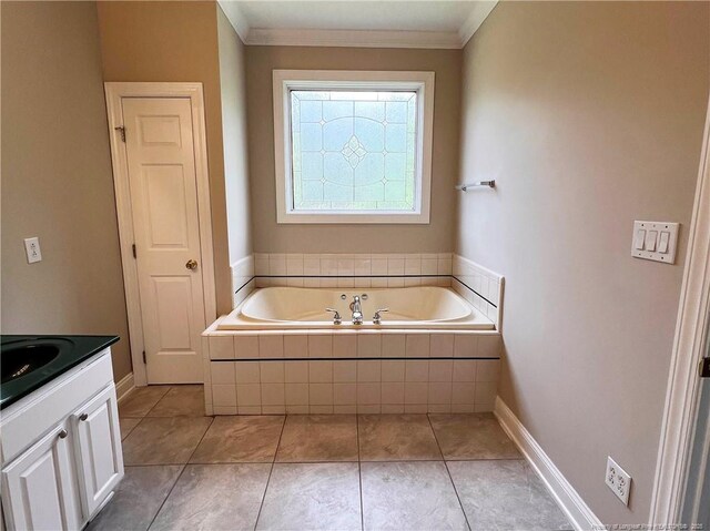 333 Westwater Way, Fayetteville, NC 28301 - bathroom with a bath, vanity, ornamental molding, and tile patterned floors