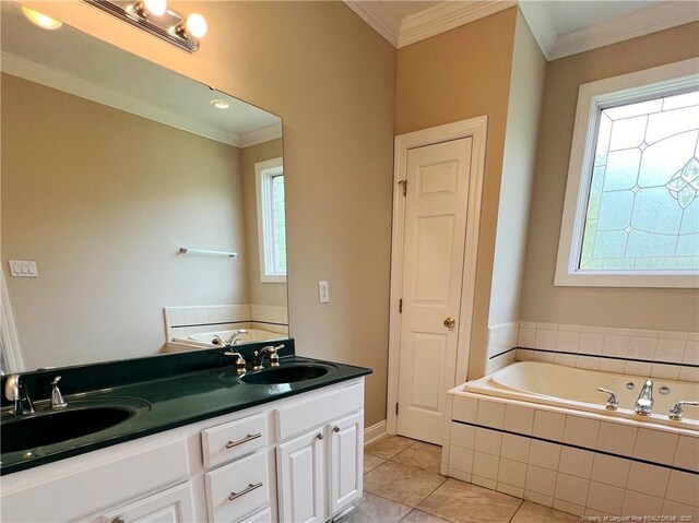 333 Westwater Way, Fayetteville, NC 28301 - bathroom with a bath, tile patterned flooring, crown molding, and double vanity