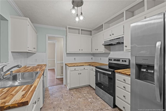 40 Blue Heron Ct, Sanford, NC 27332 - kitchen featuring appliances with stainless steel finishes, butcher block countertops, under cabinet range hood, a textured ceiling, and crown molding