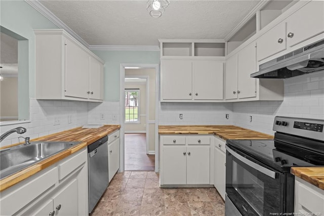 40 Blue Heron Ct, Sanford, NC 27332 - kitchen featuring appliances with stainless steel finishes, wooden counters, under cabinet range hood, a textured ceiling, and white cabinetry