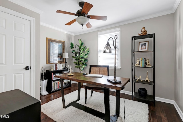 627 New Rd, Raleigh, NC 27608 - office with dark wood finished floors, a ceiling fan, and ornamental molding