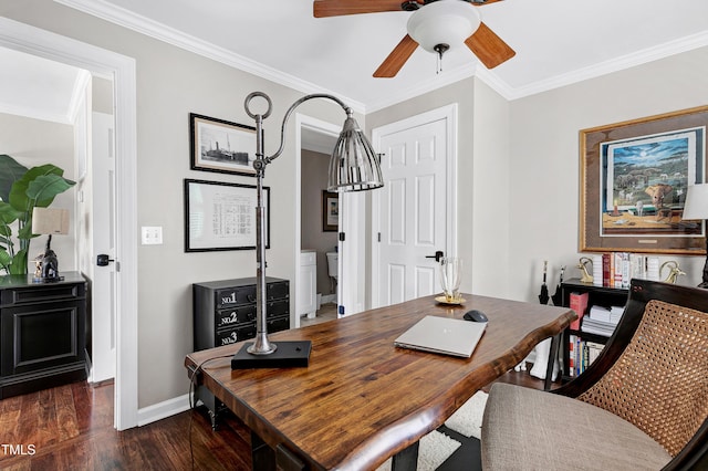 627 New Rd, Raleigh, NC 27608 - home office featuring dark wood-type flooring, ornamental molding, and ceiling fan