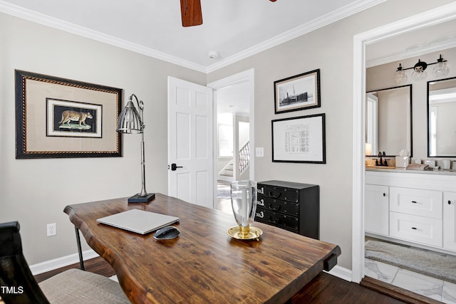 627 New Rd, Raleigh, NC 27608 - office area featuring ceiling fan, ornamental molding, and dark wood-style floors
