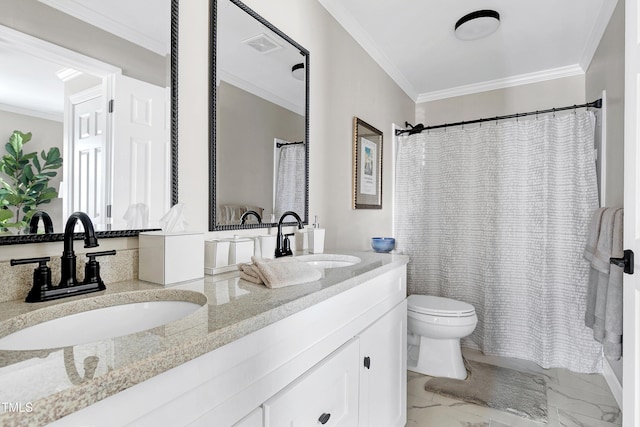 627 New Rd, Raleigh, NC 27608 - full bathroom featuring ornamental molding, double vanity, marble look tile flooring, and a shower with curtain