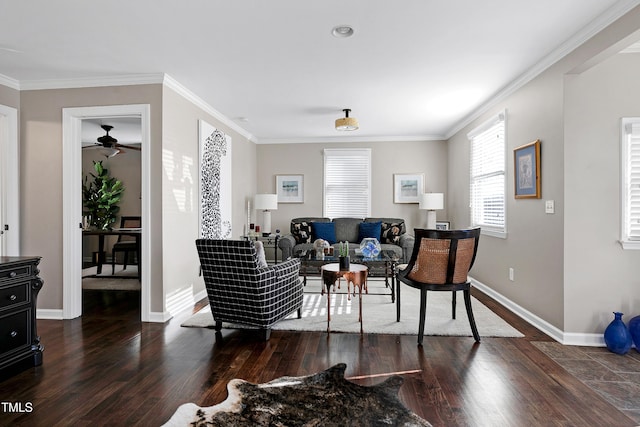 627 New Rd, Raleigh, NC 27608 - living room featuring dark wood-type flooring, crown molding, and ceiling fan