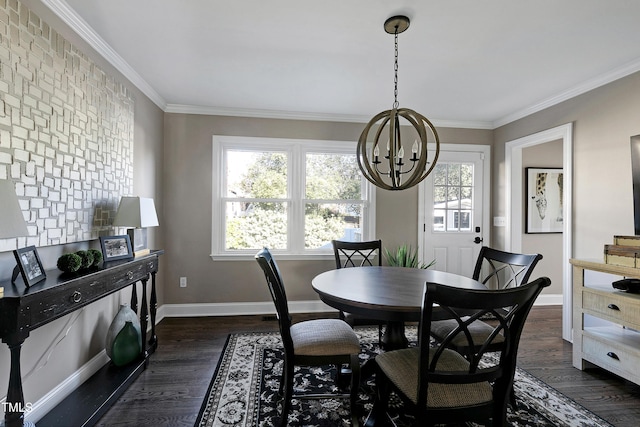 627 New Rd, Raleigh, NC 27608 - dining room with a chandelier, healthy amount of natural light, crown molding, and dark wood-style flooring