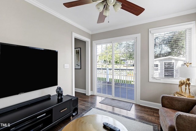 627 New Rd, Raleigh, NC 27608 - living room featuring ceiling fan, crown molding, and dark wood-style floors