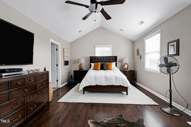 627 New Rd, Raleigh, NC 27608 - bedroom with lofted ceiling, dark wood finished floors, and ceiling fan