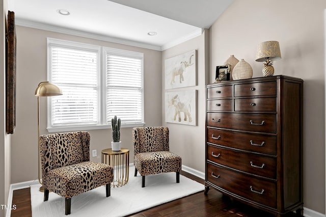 627 New Rd, Raleigh, NC 27608 - sitting room featuring ornamental molding, dark wood-style floors, and recessed lighting