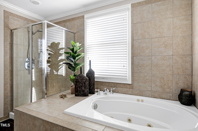 627 New Rd, Raleigh, NC 27608 - full bath featuring healthy amount of natural light, a jetted tub, a shower stall, and ornamental molding