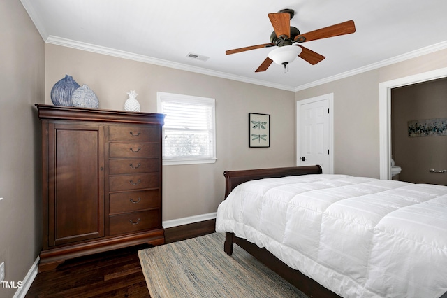 627 New Rd, Raleigh, NC 27608 - bedroom featuring dark wood-style flooring, crown molding, and ceiling fan