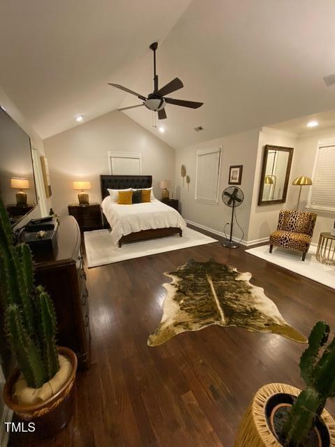 627 New Rd, Raleigh, NC 27608 - bedroom featuring lofted ceiling, wood finished floors, recessed lighting, and ceiling fan