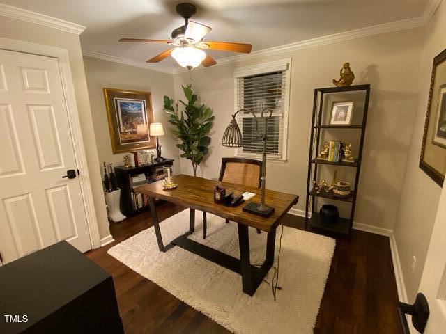 627 New Rd, Raleigh, NC 27608 - office area with ceiling fan, dark wood finished floors, and crown molding