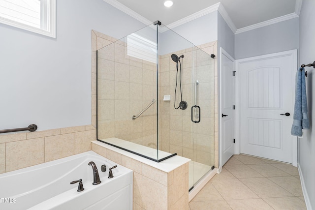1104 Gaston Manor Dr, Durham, NC 27703 - full bath with a bath, a shower stall, tile patterned flooring, and ornamental molding