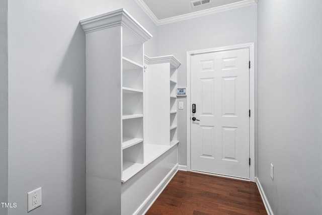 1104 Gaston Manor Dr, Durham, NC 27703 - mudroom featuring crown molding and dark wood-style floors