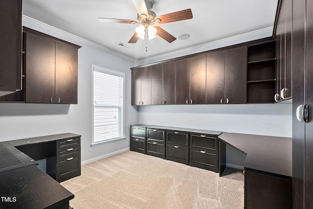 1104 Gaston Manor Dr, Durham, NC 27703 - unfurnished office with crown molding, a ceiling fan, and light colored carpet