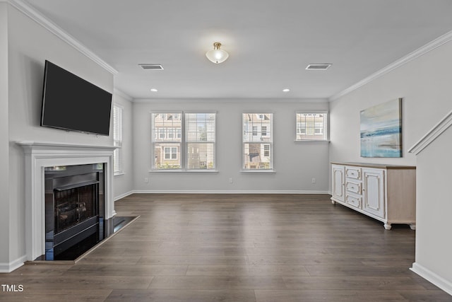319 Great Northern Sta, Apex, NC 27502 - unfurnished living room featuring crown molding, a fireplace, dark wood-style flooring, and recessed lighting