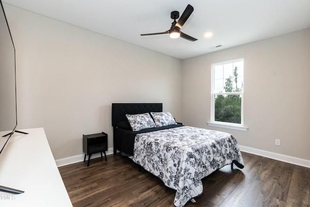 9 Moss Side Ter, Durham, NC 27703 - bedroom with dark wood-style flooring, ceiling fan, and recessed lighting