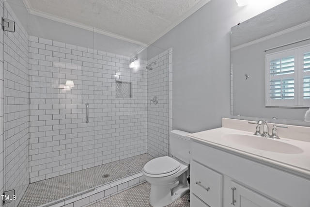 926 Wimbleton Dr, Raleigh, NC 27609 - bathroom with a textured ceiling, a shower stall, vanity, ornamental molding, and tile patterned flooring