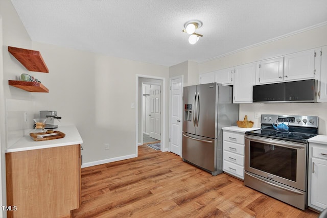 810 Royal Oaks Dr, Durham, NC 27712 - kitchen with stainless steel appliances, open shelves, white cabinets, light countertops, and light wood finished floors