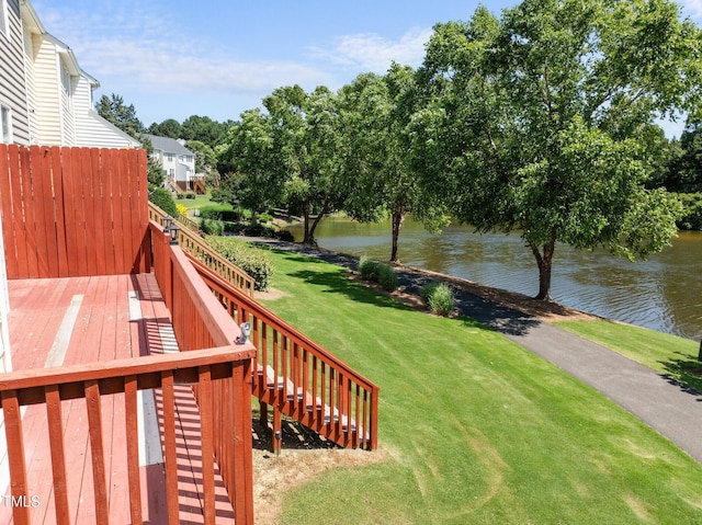 400 Nottinghill Walk, Apex, NC 27502 - wooden terrace with a water view, stairs, and a lawn