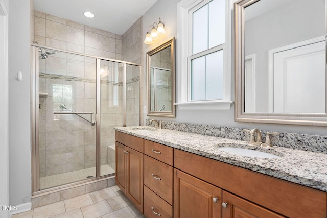 1019 Santiago St, Durham, NC 27703 - full bath with double vanity, a shower stall, tile patterned floors, and recessed lighting