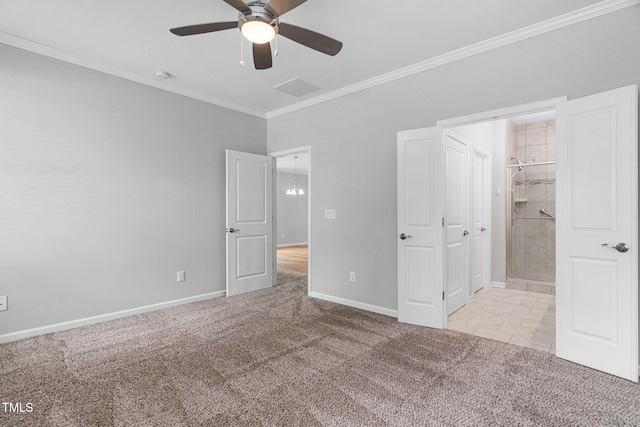 1019 Santiago St, Durham, NC 27703 - unfurnished bedroom with carpet flooring, ornamental molding, and ceiling fan