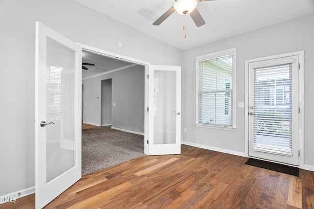 1019 Santiago St, Durham, NC 27703 - entryway with french doors, ceiling fan, and wood finished floors