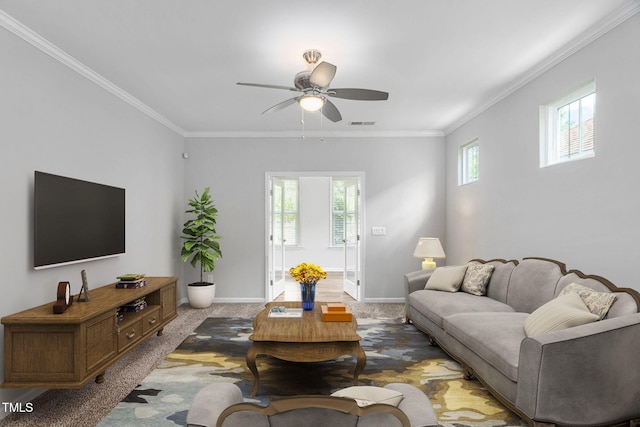 1019 Santiago St, Durham, NC 27703 - carpeted living area with ceiling fan and ornamental molding