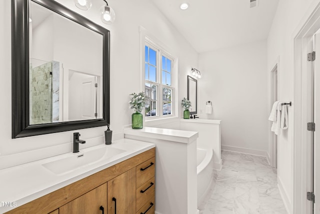 525 Kings Lake Way, Durham, NC 27703 - bathroom featuring marble finish flooring, a bath, vanity, tiled shower, and recessed lighting
