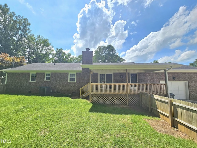 112 Saddletree Rd, Oxford, NC 27565 - back of house featuring crawl space, a garage, a chimney, brick siding, and a wooden deck