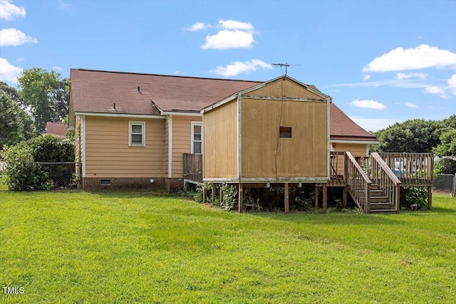 34 Scotts Creek Run, Angier, NC 27501 - back of property with a wooden deck, crawl space, and stairs
