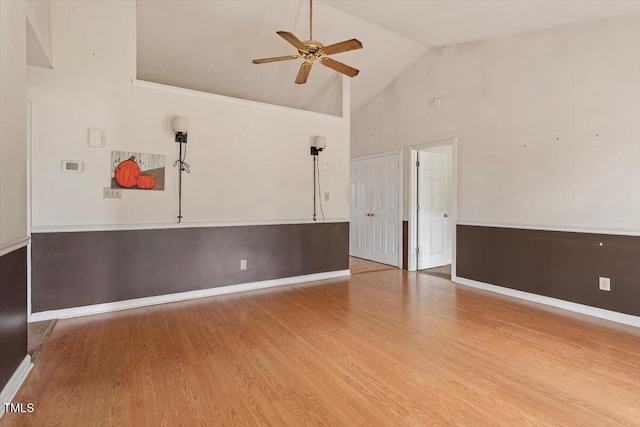34 Scotts Creek Run, Angier, NC 27501 - unfurnished room featuring a ceiling fan, wood finished floors, and high vaulted ceiling