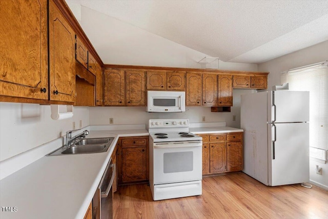34 Scotts Creek Run, Angier, NC 27501 - kitchen featuring white appliances, brown cabinetry, vaulted ceiling, light wood finished floors, and light countertops