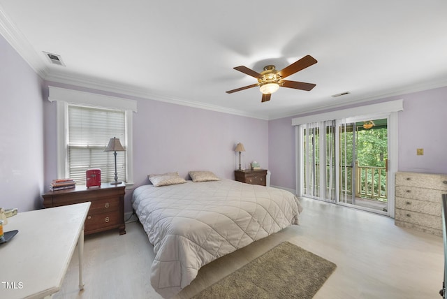 821 Ascot Ln, Raleigh, NC 27615 - bedroom featuring access to exterior, crown molding, ceiling fan, and light floors