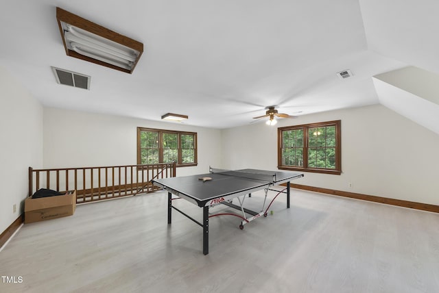 821 Ascot Ln, Raleigh, NC 27615 - recreation room featuring light wood-type flooring, a ceiling fan, and lofted ceiling