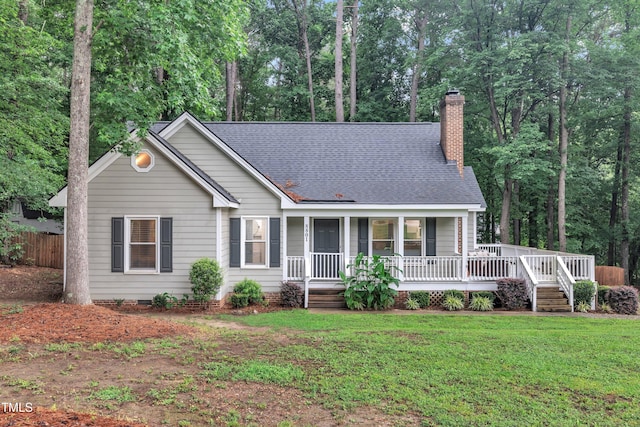 8801 Valley Hill Ct, Apex, NC 27539 - ranch-style home featuring a porch, a front yard, a chimney, a shingled roof, and crawl space