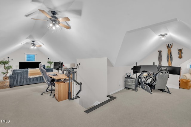 8801 Valley Hill Ct, Apex, NC 27539 - home office featuring a ceiling fan, vaulted ceiling, and carpet floors