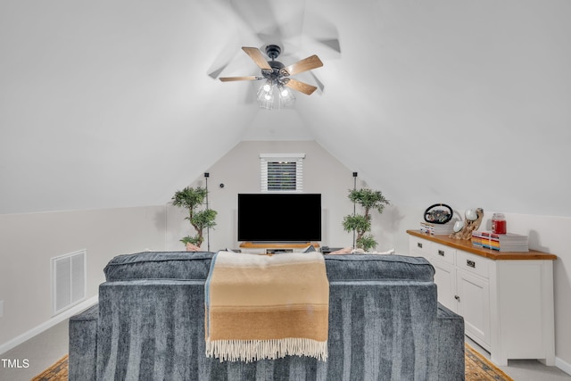 8801 Valley Hill Ct, Apex, NC 27539 - living room with a ceiling fan, vaulted ceiling, and light wood finished floors