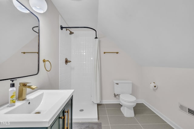 8801 Valley Hill Ct, Apex, NC 27539 - full bathroom featuring a shower stall, vanity, tile patterned flooring, and lofted ceiling