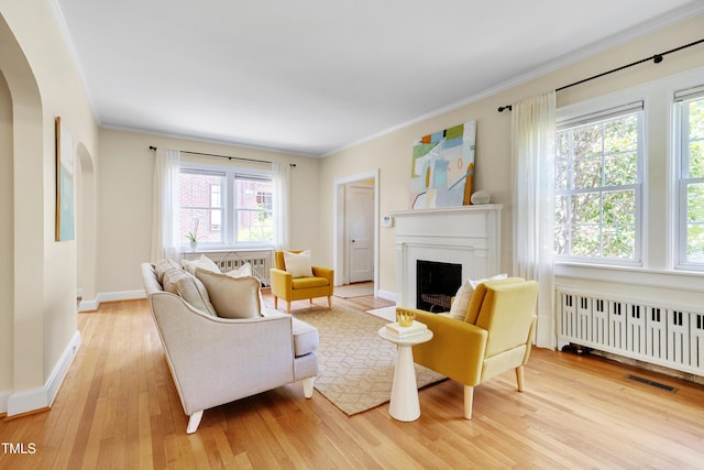 1007 W Markham Ave, Durham, NC 27701 - living area with radiator heating unit, crown molding, light wood-type flooring, arched walkways, and a fireplace