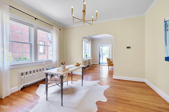 1007 W Markham Ave, Durham, NC 27701 - office area featuring arched walkways, radiator, ornamental molding, light wood-type flooring, and a chandelier