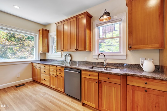 1007 W Markham Ave, Durham, NC 27701 - kitchen with stainless steel dishwasher, healthy amount of natural light, light wood-type flooring, and brown cabinetry