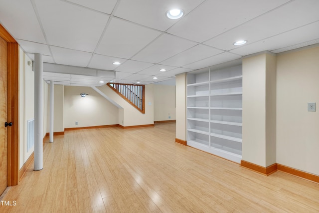 1007 W Markham Ave, Durham, NC 27701 - finished basement with light wood-type flooring, built in features, stairway, and recessed lighting