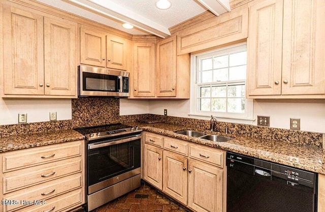 322 Gravley Dr, Rocky Mount, NC 27804 - kitchen with appliances with stainless steel finishes, brick flooring, light brown cabinetry, recessed lighting, and beam ceiling