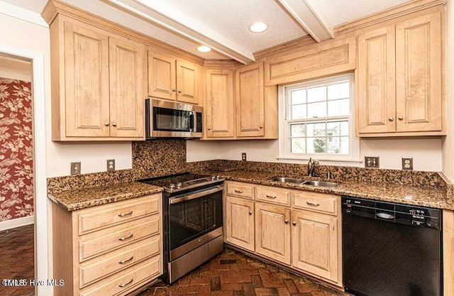 322 Gravley Dr, Rocky Mount, NC 27804 - kitchen with appliances with stainless steel finishes, brick flooring, beam ceiling, and light brown cabinetry