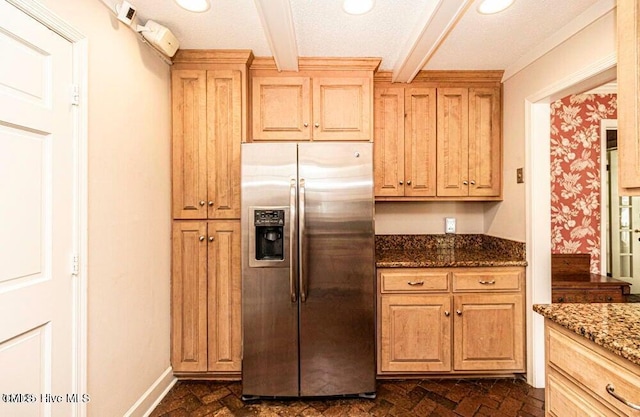 322 Gravley Dr, Rocky Mount, NC 27804 - kitchen with stainless steel fridge with ice dispenser, beamed ceiling, dark stone countertops, and recessed lighting