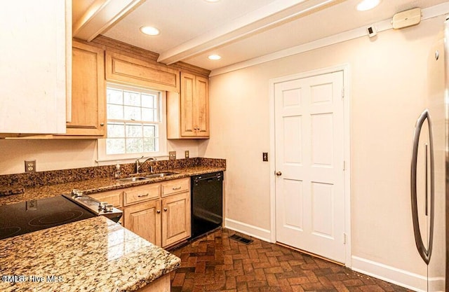 322 Gravley Dr, Rocky Mount, NC 27804 - kitchen with dishwasher, brick patterned floors, light brown cabinets, beam ceiling, and dark stone counters