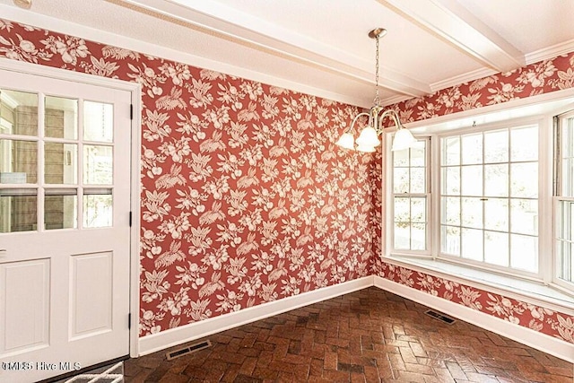 322 Gravley Dr, Rocky Mount, NC 27804 - unfurnished dining area with brick flooring, healthy amount of natural light, beam ceiling, and a chandelier