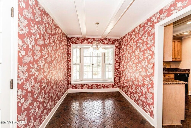 322 Gravley Dr, Rocky Mount, NC 27804 - unfurnished dining area with brick flooring, a chandelier, crown molding, and wallpapered walls